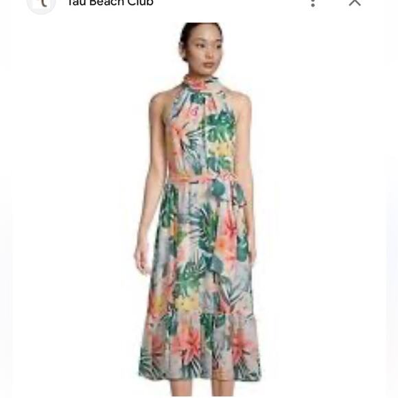 ELIZA J Beige Pleated Ruffled Lined Floral Sleeveless Halter Dress Size 6 - Picture 1 of 16